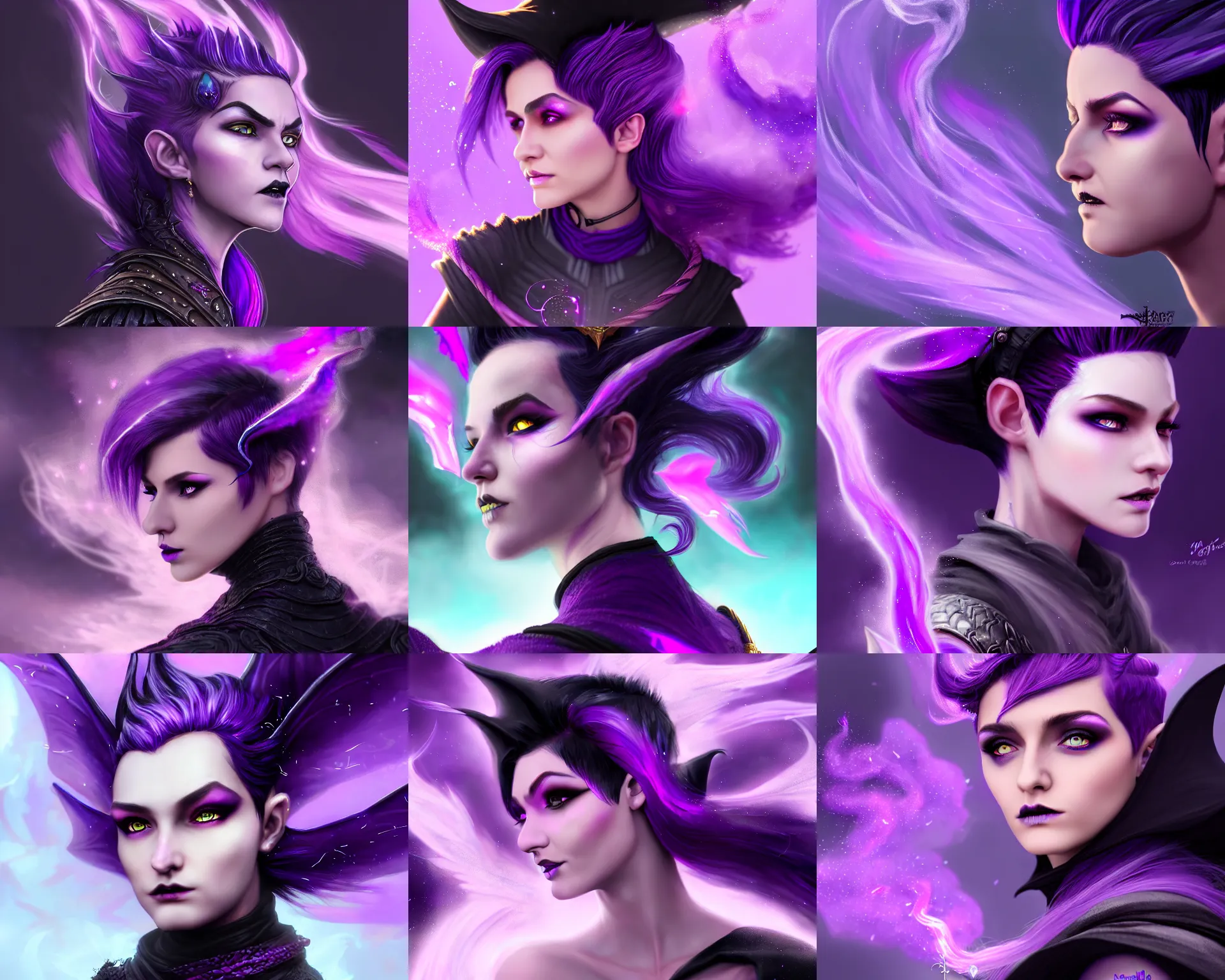 Prompt: Extreme close-up of dragonic female witch sorcerer, D&D fantasy, pixie undercut hairstyle with black to purple fade, magic particles in the air, wispy smoke, intricate, highly detailed, digital painting, artstation, concept art, sharp focus, illustration