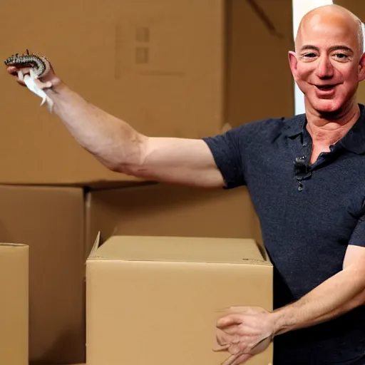 Prompt: Jeff Bezos unboxing parcels in the Amazon Rainforest with a snake ready to attack