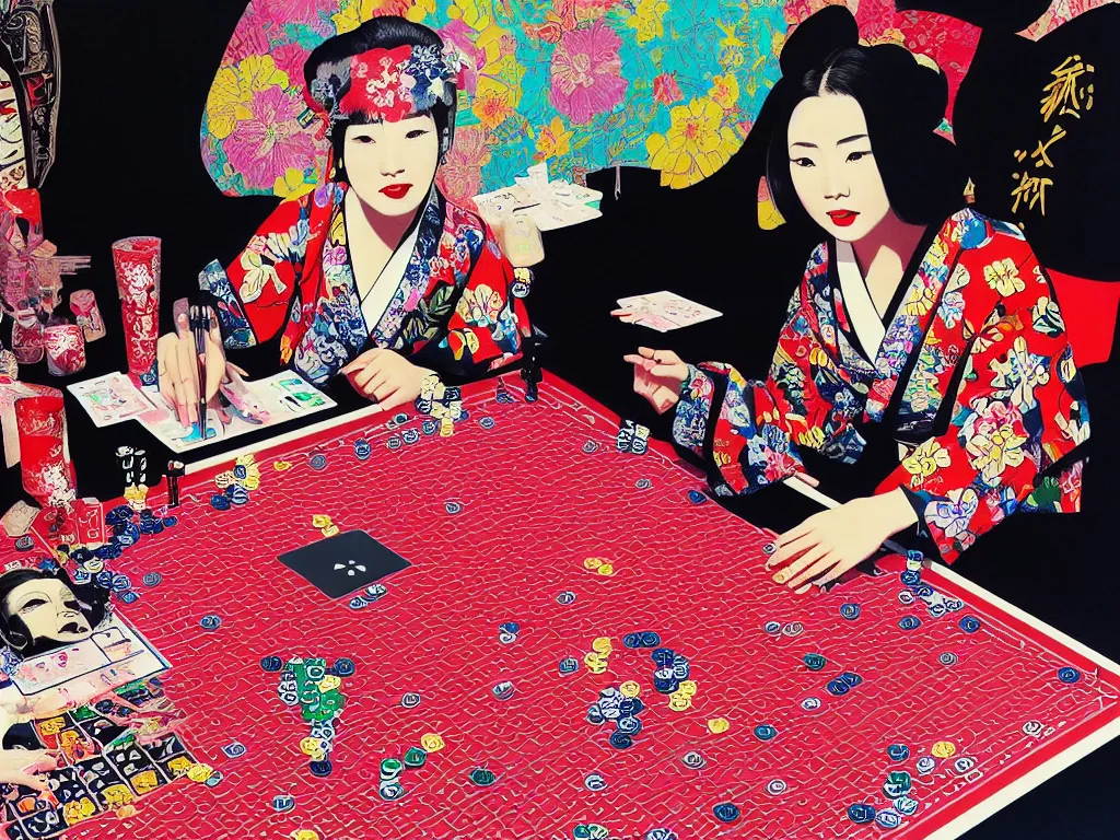 Image similar to hyperrealism composition of the detailed woman in a japanese kimono sitting at an extremely detailed poker table with darth vader, fireworks on the background, pop - art style, jacky tsai style, andy warhol style, acrylic on canvas