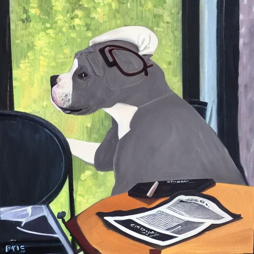 Image similar to A gray pit bull wearing a newsboy cap while reading the newspaper at an outdoor table at Parisian cafe. Acrylic on canvas.