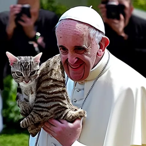 Prompt: Pope Francis holdingh a alien cat