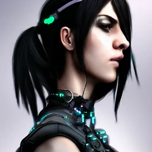 Prompt: realistic female character cyberpunk wearing technological collar around neck, realistic, art, beautiful, 4K, collar, choker, collar around neck, punk, artstation, detailed, female, woman, choker, cyberpunk, punk, collar, choker,