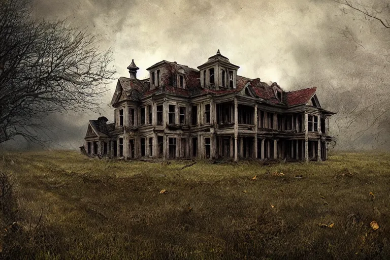 Image similar to dilapidated country estate, abandoned, eerie, spooky matte painting by andrea kowch, detailed realistic