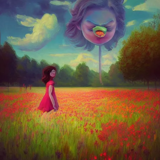 Image similar to large rose face, girl floating in a flower field, surreal photography, sunrise dramatic light, impressionist painting, colorful clouds, digital painting, artstation, simon stalenhag