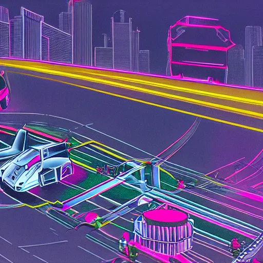 Prompt: point perspective, neon city sharp, delorean hovers in the foreground