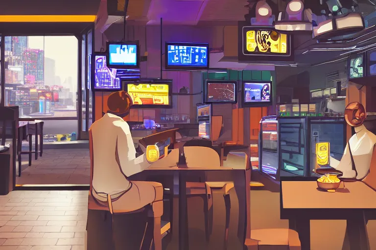 Image similar to two robot ordering food in a restaurant, cyberpunk city, 4k, detailed, digital art