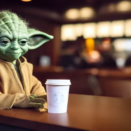 Image similar to yoda from star wars sitting comfortably in a starbucks drinking a latte in the evening. color photo, 8 5 mm high depth of field, warm color palette.