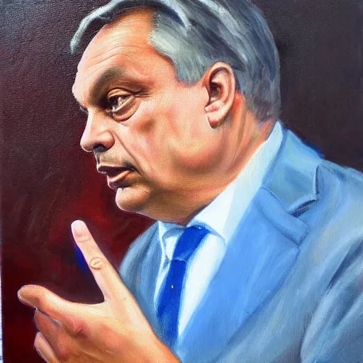 Image similar to viktor orban asking for money, oil painting