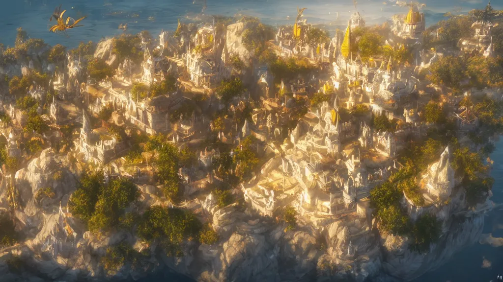 Image similar to a snow white and golden city flying with a floating island, sky island, white, pure white and gold, fantasy artwork, very very very beautiful scenery, hd, hdr, ue5, ue6, unreal engine 5, cinematic 4k wallpaper, 8k, ultra detailed, high resolution, artstation, award winning