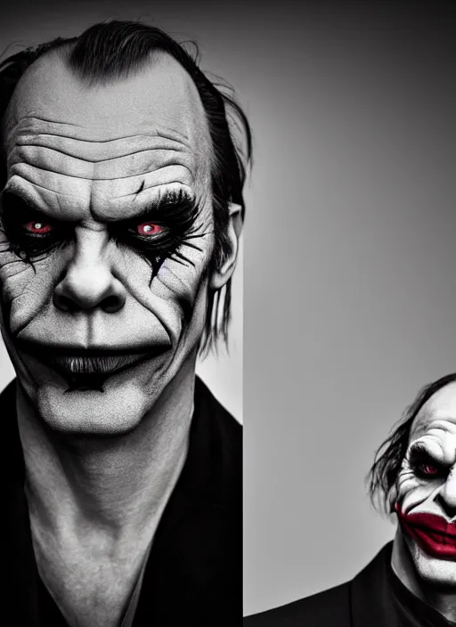 Image similar to photo of Hugo Weaving as the Joker by Lee Jeffries , big smile, head shot, detailed, award winning, Sony a7R