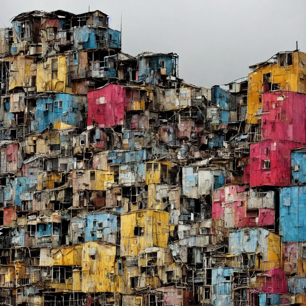 Image similar to close - up view of a tower made up of colourful makeshift squatter shacks with bleached colours, moody cloudy sky, dystopia, mamiya, very detailed, photographed by bruno barbey