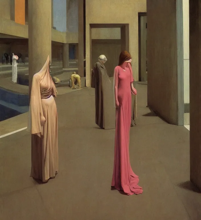 Image similar to magnificent woman in transparent robes, in magnificent shopping mall, oil painting by edward hopper, zdislav beksinski, wayne barlowe