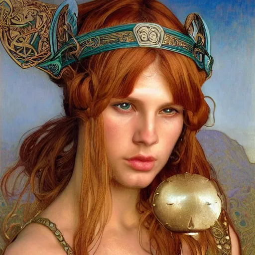 Image similar to a portrait of a beautiful alluring female viking, detailed, centered, digital painting, artstation, concept art, donato giancola, Dante Gabriel Rossetti, alphonse mucha, Joseph Christian Leyendecker, WLOP, Boris Vallejo, Annie Leibovitz and Steve McCurry, David Lazar, Jimmy Nelsson, Breathtaking, 8k resolution, extremely detailed, beautiful, establishing shot, artistic, hyperrealistic, beautiful face, octane render