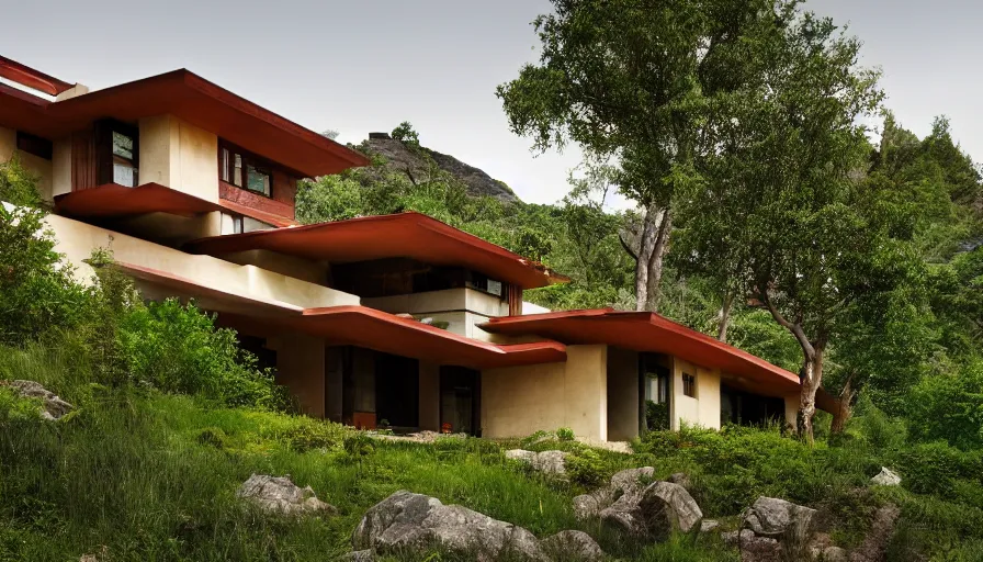 Prompt: modern house with courtyard, tibetan inspired architecture, on a green hill between trees and big boulders, frank lloyd wright, photorealistic, cyberpunk