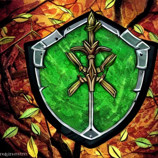 Image similar to green leaves shield, tree roots on the shield, shield made of leaves, epic fantasy style, card game artwork