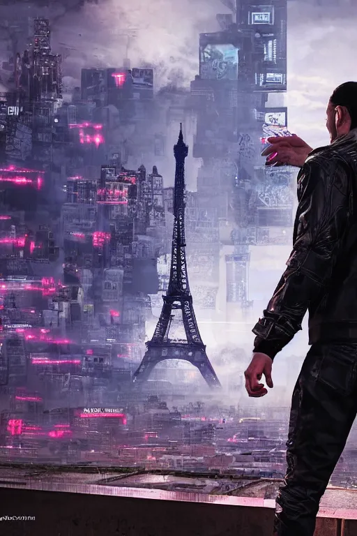 Prompt: in the foreground Paris, in the background a dark-haired man from behind playing with swirls of black energy coming out of his hands wearing a long matrix-style jacket, realistic, high definition, many details, dramatic scene, detailed and realistic hands, symmetrical face, realistic eyes, cyberpunk art 2077