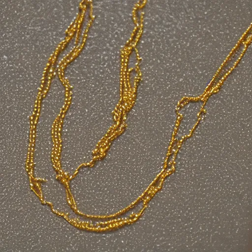 Image similar to a studio photoshoot of a Gold Beaded Chain designed by Tom Sachs, realistic, color film photography by Tlyer Mitchell, 35 mm, graflex