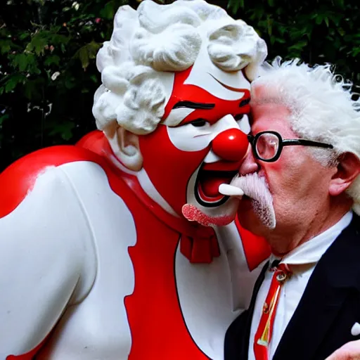Prompt: photo of Ronald McDonald passionately kissing colonel sanders