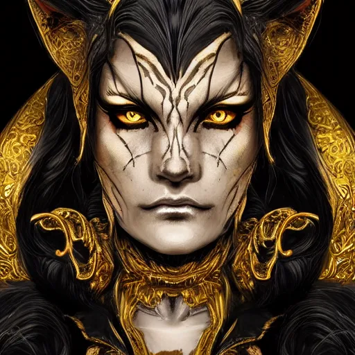 Prompt: leonine devil in flowing black and gold robes, backlit, high fantasy, highly detailed, concerned expression, realistic lighting, sharp focus, intricate, by artgerm, wlop, crossdress, frank frazetta, trending on artstation