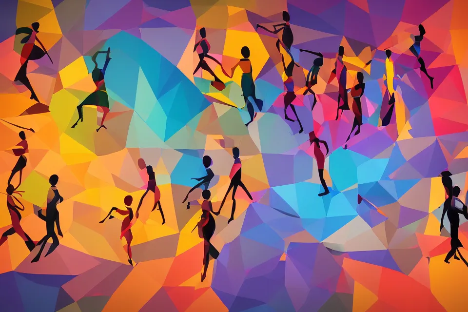 Image similar to a colorful, computer generated, abstract geometric intriguing render, abstract human figures dancing, autumnal colors