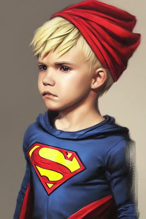 Image similar to a little boy with a michievous face and blonde hair. he is dressed as a superhero. clean elegant painting, beautiful detailed face. by artgerm and greg rutkowski