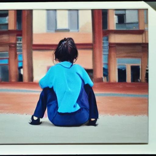 Image similar to a potrait of a girl who sitdown infront of a big school, blueish, kodak 4 0 0, photorealistic style, 8 k