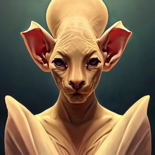 Image similar to godlike sphynx cat, animal sphynx cat, anthropomorphic sphynx cat, deity, holy robes, holy light aura, ultra details, art by artgerm, dwayne barlowe, trending on artstation and greg rutkowski and alphonse mucha, 8 k