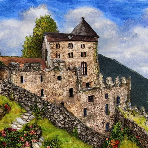 Image similar to old castle ruins on top of mountain in the village of verclause france, digital painting, realism, 4 k,