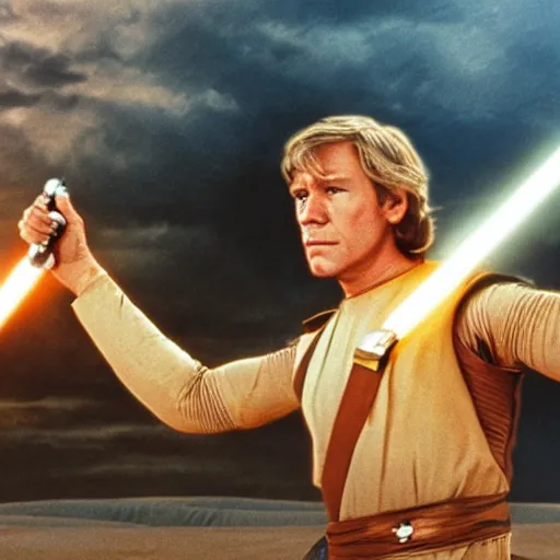 Image similar to patrick stewart with wavy blond hair as luke skywalker on tatooine