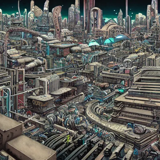 Image similar to highly detailed illustration of a sci fi city, juxtapoz magazine