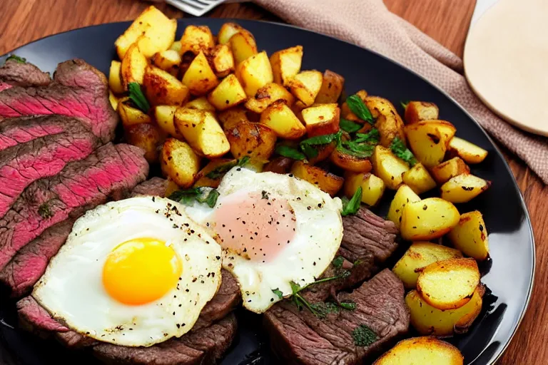 Image similar to a delicious looking plate of steak and eggs, with perfectly seasoned potatoes and breakfast hash browns