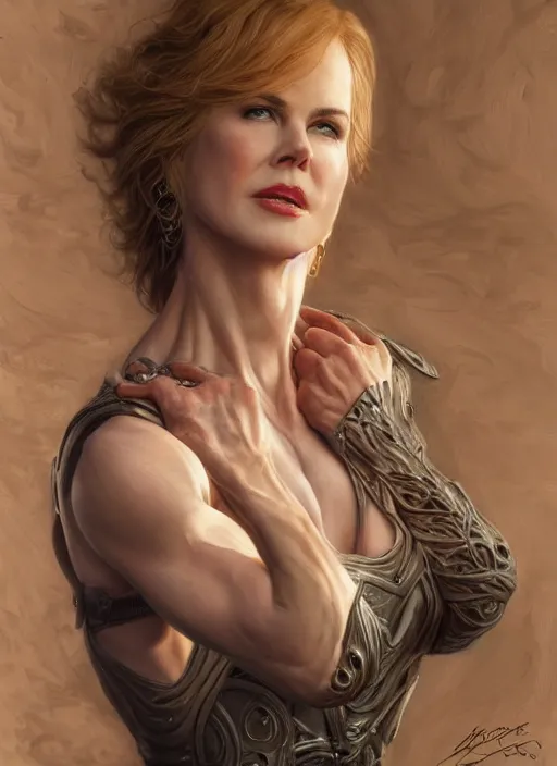 Prompt: muscled Nicole Kidman as a ruggedly handsome hero, intricate, elegant, highly detailed, centered, digital painting, artstation, concept art, smooth, sharp focus, illustration, artgerm, donato giancola, Joseph Christian Leyendecker, WLOP, Boris Vallejo, Artgerm