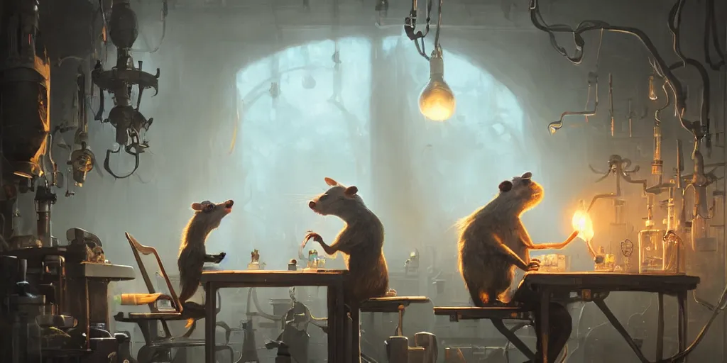 Image similar to humanoid rat in a laboratory sitting at a desk with lots of flasks filled with magic liquids and poisonous fog, stephen bliss, unreal engine, fantasy art by greg rutkowski, loish, rhads, ferdinand knab, ilya kuvshinov, rossdraws, tom bagshaw, global illumination, radiant soft light, detailed and intricate environment