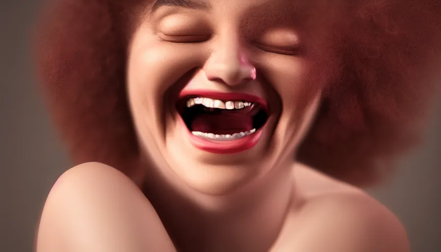 Image similar to portrait of a beatuiful jolly laughing woman with nice features, fantasy, kind vibe, looking into the camera, studio photography, studio lighting, realistic render, octane render, 4 k, 8 k, face in focus