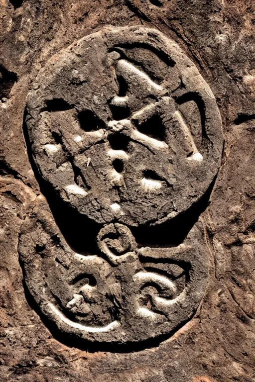 Image similar to 4 k photography of petroglyphs representing crosses, ufo, yin yang symbol on a cave