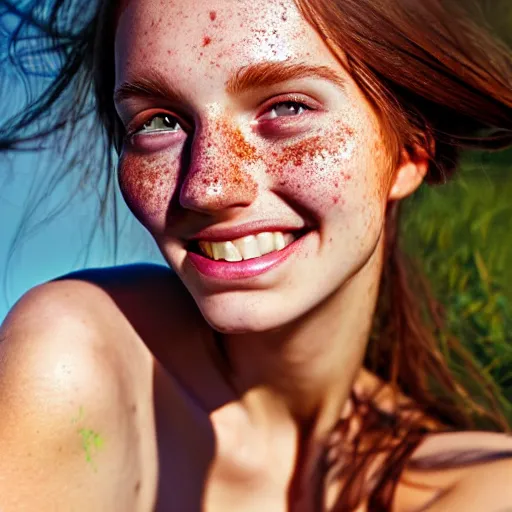 Image similar to portrait of a cute thin young woman, bronze brown hair, eye color is emerald green, red blush, cute freckles, smug smile, modern clothes, relaxing on the beach, golden hour, close up shot, 8 k, art by irakli nadar, hyperrealism, hyperdetailed, ultra realistic