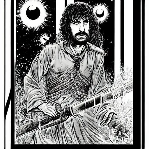 Image similar to attractive 22 year old Frank Zappa golden Vagabond magic swordsman glides through a beautiful battlefield magic the gathering dramatic esoteric!!!!!! pen and ink!!!!! illustrated in high detail!!!!!!!! by Hiroya Oku!!!!! Written by Wes Anderson graphic novel published on shonen jump 2002 award winning!!!!