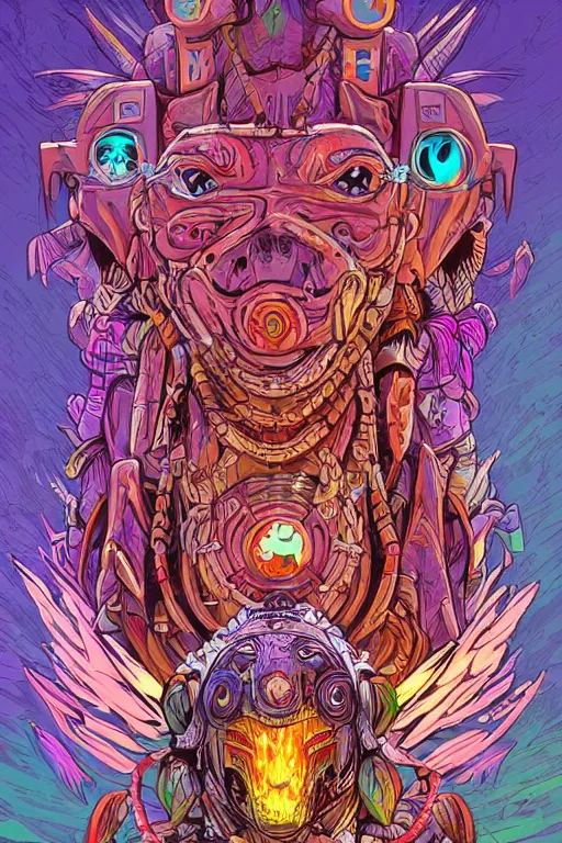 Image similar to totem animal tribal chaman vodoo mask feather gemstone plant wood rock video game illustration vivid color borderlands by josan gonzales and dan mumford radiating a glowing aura