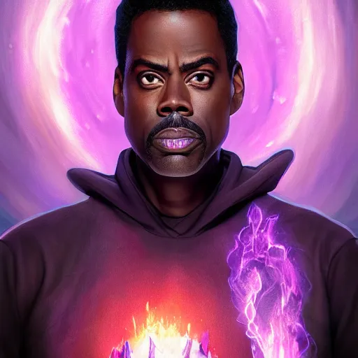 Image similar to chris rock as a necromancer glowing with purple magic, glacier landscape, d & d, fantasy, intricate, elegant, highly detailed, digital painting, artstation, concept art, matte, sharp focus, illustration, art by artgerm and greg rutkowski and alphonse mucha