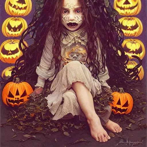 Image similar to a cute happy little girl with light brown wavy curly hair and blue eyes sitting amidst piles of skulls and pumpkins. beautiful cute highly detailed face. spooky halloween themed painting by artgerm and greg rutkowski and alphonse mucha.