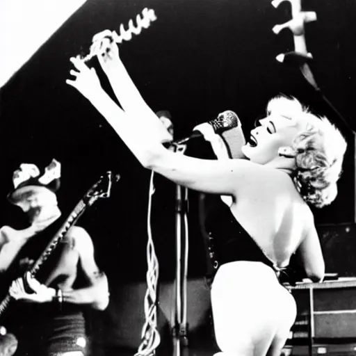 Prompt: Marilyn Monroe performing at the Full Terror Assault Metal Festival