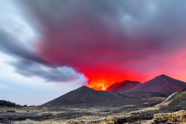 Image similar to a detailed volcanic landscape , violent clouds in the sky with glowing red eyes in the sky