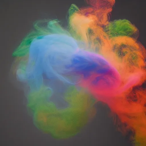 Image similar to multi color smoke, one smoke is the shape of a small ( outstretched ribbed wings and head of an ancient dragon ), billowy, hdr, 8 k, 4 k