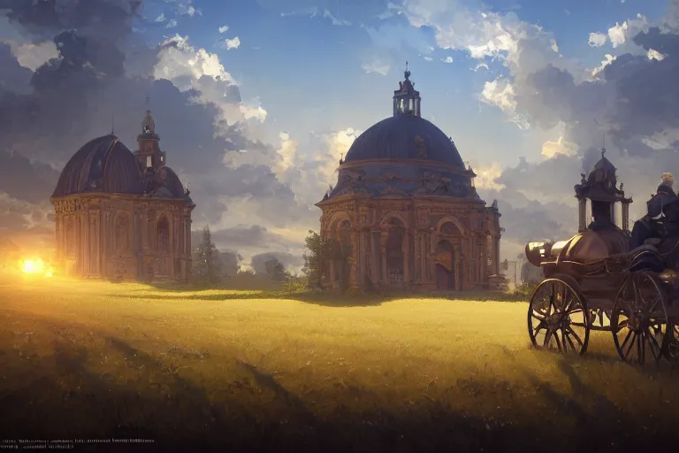 Prompt: a driving ornate baroque church on chainwheels, scene in an open field. key visual, conceptart, ambient lighting, highly detailed, digital painting, artstation, concept art, sharp focus, by makoto shinkai and akihiko yoshida and greg manchess