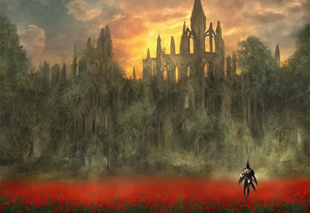 Prompt: a knight in battle worn armor seen from behind, in a field of poppies, in front of ruins of a gothic church, a dense forest surrounding the field, sunset, spread out clouds, highly detailed, digital art