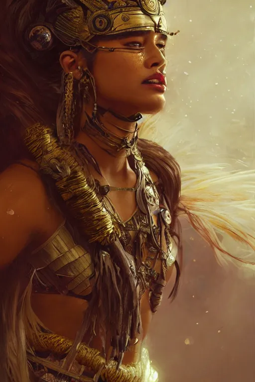 Prompt: portrait of a female Amazon warrior looking fierce and crying, sci-fi, fantasy, intricate, dramatic studio lighting, highly detailed, high contrast, backlit, cgsociety, artstation, octane render, unreal engine, concept art, sharp focus, art by artgerm and greg rutkowski and alphonse mucha