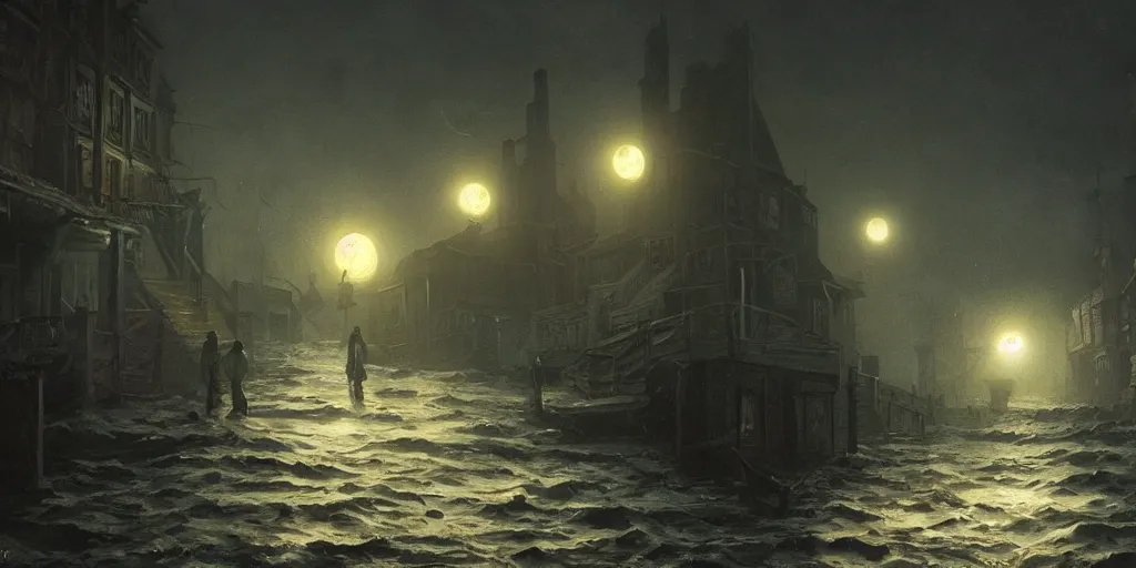 Prompt: innsmouth dramatic lighting city background night moon chiaroscuro high detail painted by greg rutkowski painted by igor kieryluk painted by bobb