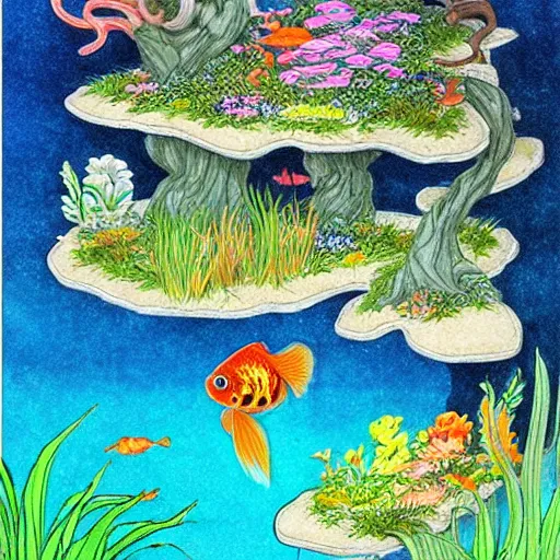 Prompt: beatiful aquarium with goldfish drawn in ghibli style, anime ghibli studio drawing