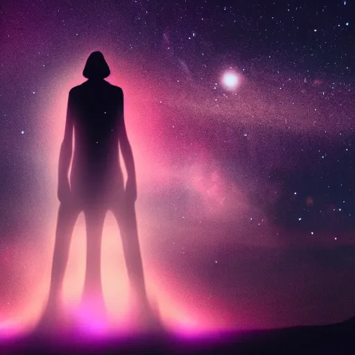 Image similar to a towering godlike apparition in the shape of a human, made of smoke and fog, backlit by pink, purple, red, blue neon lighting, nebulas, backround of stars and galaxies