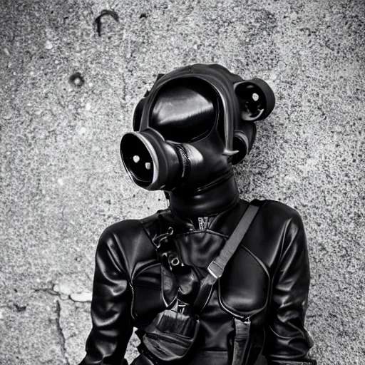 Image similar to fashion photography of an extraterrestrial model, wearing a black gas mask, wearing demobaza fashion, inside berghain, berlin fashion, harness, futuristic fashion, dark minimal outfit, photo 3 5 mm leica, hyperdetail, berghain, 8 k, very detailed, photo by nick knight